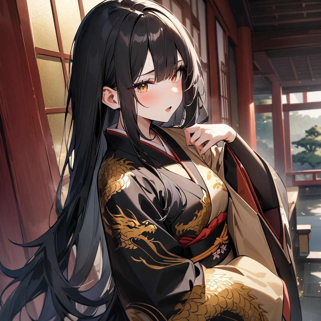girl,Japanese style,Japanese Pattern,Black Hair,Long Hair,masterpiece, best quality, very aesthetic, absurdres,Gold and Black,Gold Leaf,Japanese styleの背景,Dragon print