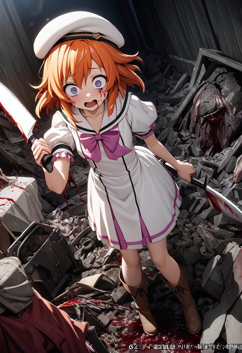 Lena Ryugu, Ryugu Rena, Orange Hair, Incredibly large, violet, crazy eyes, Eyes Wide Open, 
BREAK Beret, black thighs, bow, bowtie, dress, Have, puffy short sleeve, Puffy sleeves, Holds a large machete in his right hand, white dress, zettai ryouiki, (Small breasts:1.2)，Brown long boots，Bulky waste scrap storage area, Standing on a pile of scrap home appliances, Creepy Laughter, Dead Eyes,Psychopath horror、Bloodstained、Drops of blood，Spooky、murder scene, Serial killer, bathed in blood，Clothes with blood on them，BREAK has blood on his cheeks and hands... (Tabletop:1.2), Highest quality, High resolution, unity 8k wallpaper, (figure:0.8), (Beautiful attention to detail:1.6), Highly detailed face, Perfect lighting, Highly detailed CG, (Perfect hands, Perfect Anatomy), Bathed in blood in return, Fisheye Lens, Look up, In the dark mountains