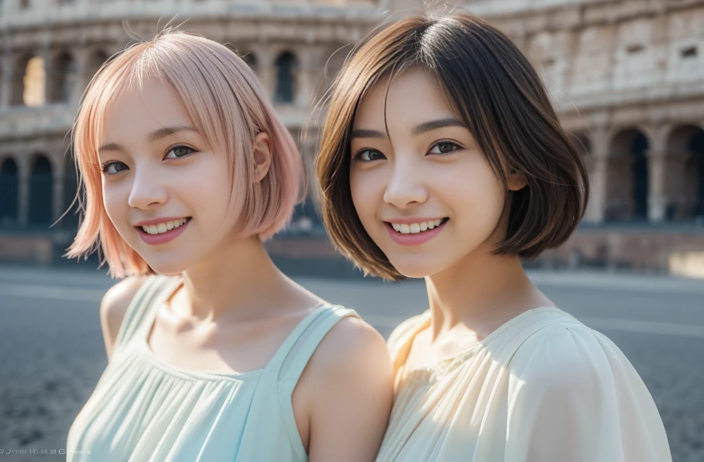 1 girl, (Spring-like outfit with light pastel colors.:1.2), beautiful japanese actress, (semi short hair:1.3), young face, (very cute),
(RAW photo, highest quality), (realistic, Photoreal:1.4), masterpiece, 
very delicate and beautiful, very detailed, 2k wallpaper, wonderful, 
finely, Very detailed CG Unity 8K 壁紙, Super detailed, High resolution, 
soft light, beautiful detailed girl, very detailed目と顔, beautifully detailed nose, beautiful and detailed eyes, cinematic lighting, 
BREAK
(Commemorative photo taken in front of the Colosseum in Rome:1.3), 
perfect anatomy, slender body, (Happy, teeth), Face the front completely, looking at camera