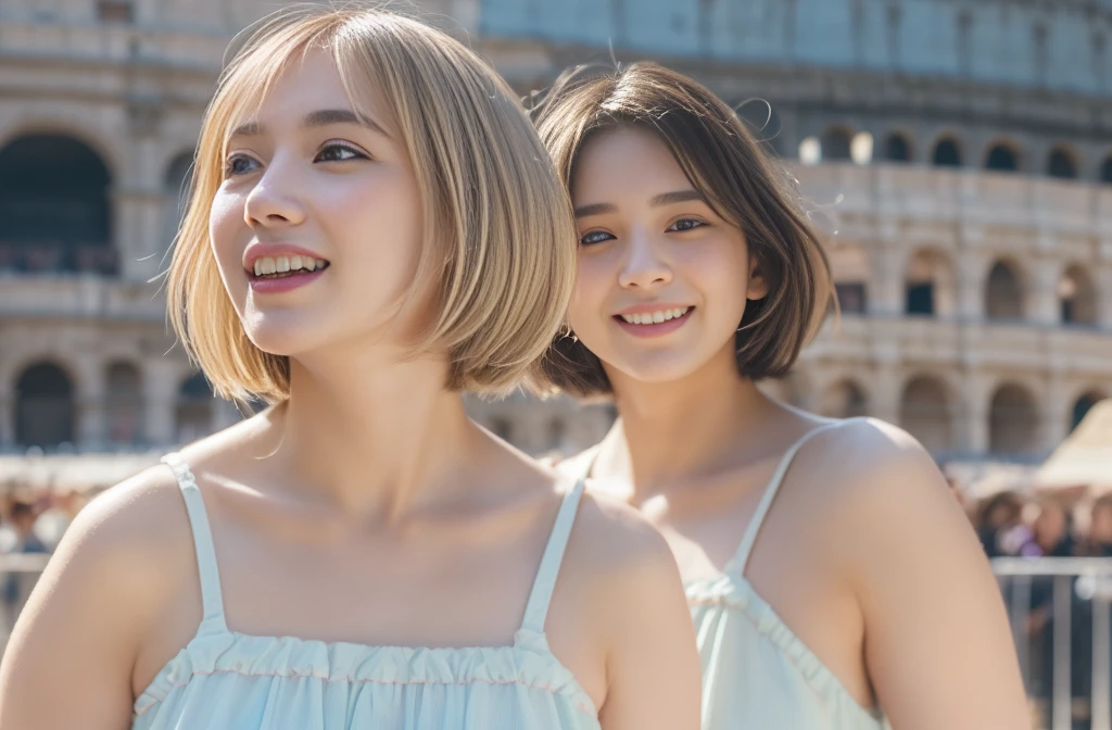 1 girl, (Spring-like outfit with light pastel colors.:1.2), beautiful japanese actress, (semi short hair:1.3), young face, (very cute),
(RAW photo, highest quality), (realistic, Photoreal:1.4), masterpiece, 
very delicate and beautiful, very detailed, 2k wallpaper, wonderful, 
finely, Very detailed CG Unity 8K 壁紙, Super detailed, High resolution, 
soft light, beautiful detailed girl, very detailed目と顔, beautifully detailed nose, beautiful and detailed eyes, cinematic lighting, 
BREAK
(Commemorative photo taken in front of the Colosseum in Rome:1.3), 
perfect anatomy, slender body, (Happy, teeth), Face the front completely, looking at camera