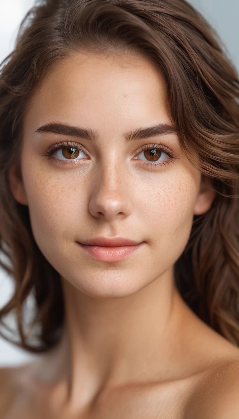 pretty young woman, Cute beautiful , innocent face, naturally brown long wavy hair , high-res, masterpiece, best qulaity, Intricate detailing, sharp focus, detailed skin, realistie Hauttextur, Textur, detailled eyes, professional, 4K, charming smile, taken with Canon, 85 mm, perfectly fitting body, extremely detail, photoshot_\(ultra\), fotorealisti, realisti, Post processing, maximum details, roughness, real life, ultrarealisti, photoshotrealismus, photoshotgrafie, 8K UHD, photoshotgrafie , brown eyes , big brown eyes with long eyelashes, some light freckles on the nose, brown short hair , beauty dimple , ultra realistic,moyenne taille , She washes her face in the bathroom with a towel on her head , skin care routine in the bathroom