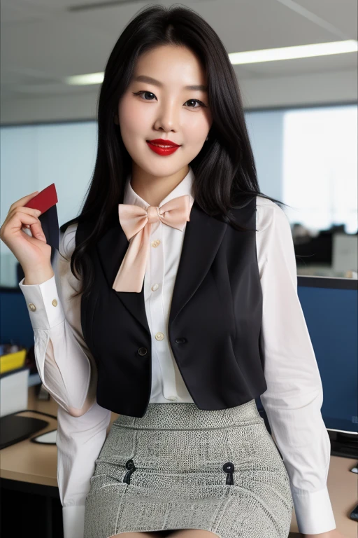1 korean girl, sexy girl, strikingly beautiful, black hair, big breasts, delicate facial features, porcelain skin, red lips,expressive eyes, Solo, 25 years old, Best Quality, Ultra-detailed, 8K, High resolution, Detailed face, from below, black hair, (((half up))), light smile, happy, (((office leady, office uniform, vest, bowtie, pencil skirt, ID card))), in the office, holding a bundle of papers,
