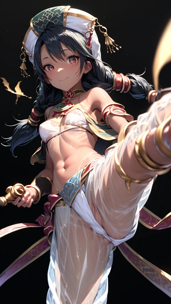 1girl, Angle from the front, The girl bends forward to show off her breasts、(Blade), (Tanned shiny black skin:1.6)、Glowing Eyes, ((grinning with a devilish smile)), ( girl), blondes、Twin tails、forehead、Small breasts, hat, ((((arabian clothes, see-through)), (microphone headband), (Areola Slip), small breasts, (shorts), (jewelry)))、desert, ((sahara))、(((footjob))), 1boy, 1penis, under hair, ((eject cum)), (sexy pose), ((kicking)), One leg raised、