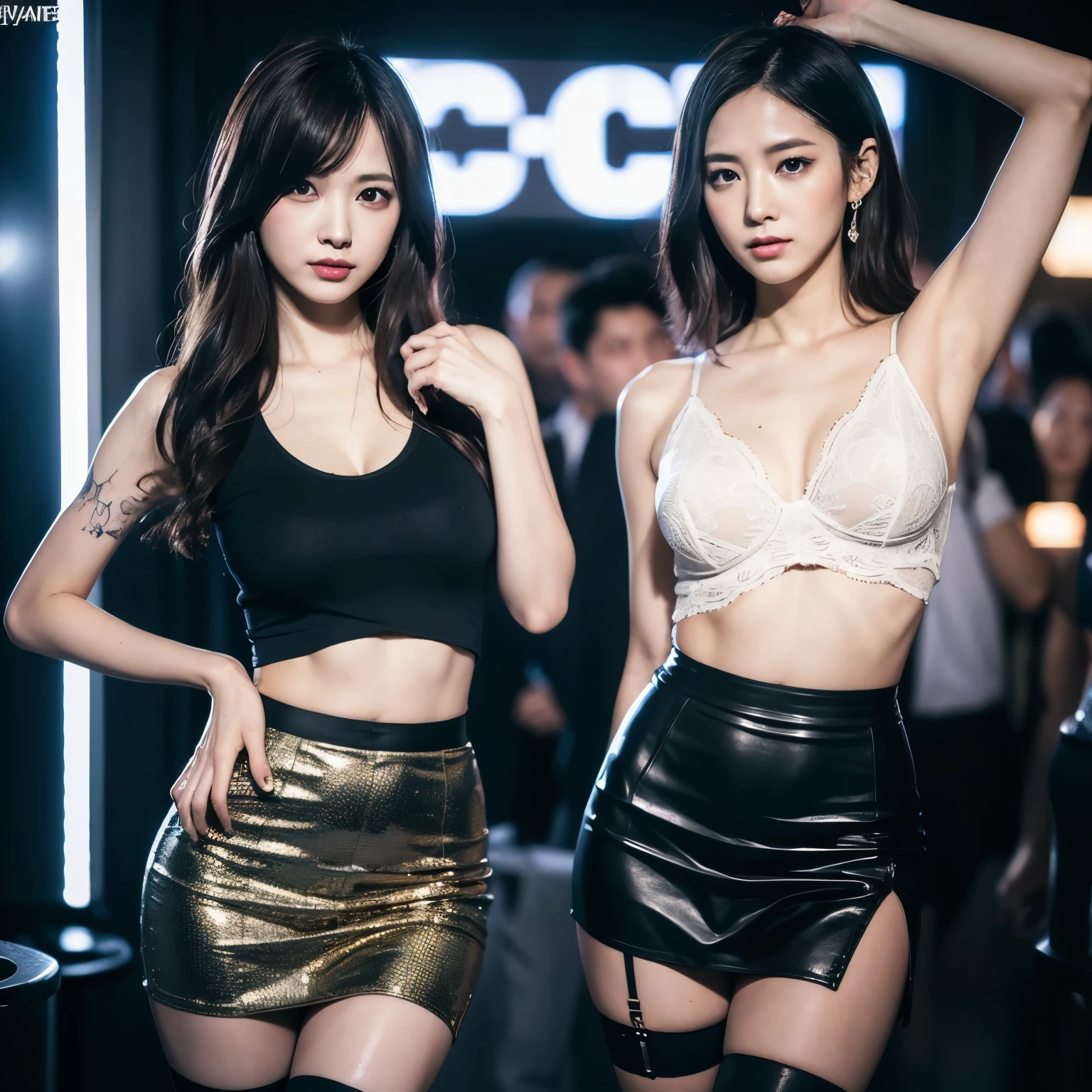 (night, Highest quality, 8K, masterpiece, RAW Photos: 1.3), ( nightのクラブ, Disco, dancing, dance, 激しくdancing:1.2), One beautiful woman , Tattooの入った1人の美しい女性, Tattooed body, Disheveled clothes, Tattoo, Cropped top shirt, stockings, Sexy girl in a tight skirt, Tight waist, beautiful abdomen, Small breasts, Very detailed, Intricate details, Very detailedな顔と肌の質感, The body is slim, Narrow eyes, Realistic, Fascinating, Small breasts, Narrow eyes, Symmetrical eyes, (Sexy pose, Bad mood, dynamic, Dynamic Angle, dynamicなアングル:1.2)