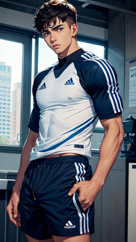 1 boy, 20-year-old boy, football player, Sleek light brown muscular structure, blue eyes, black short hair, smooth, He wore a navy blue high-end sportswear, adidas brand.,The man looks confident and determined.,looking down