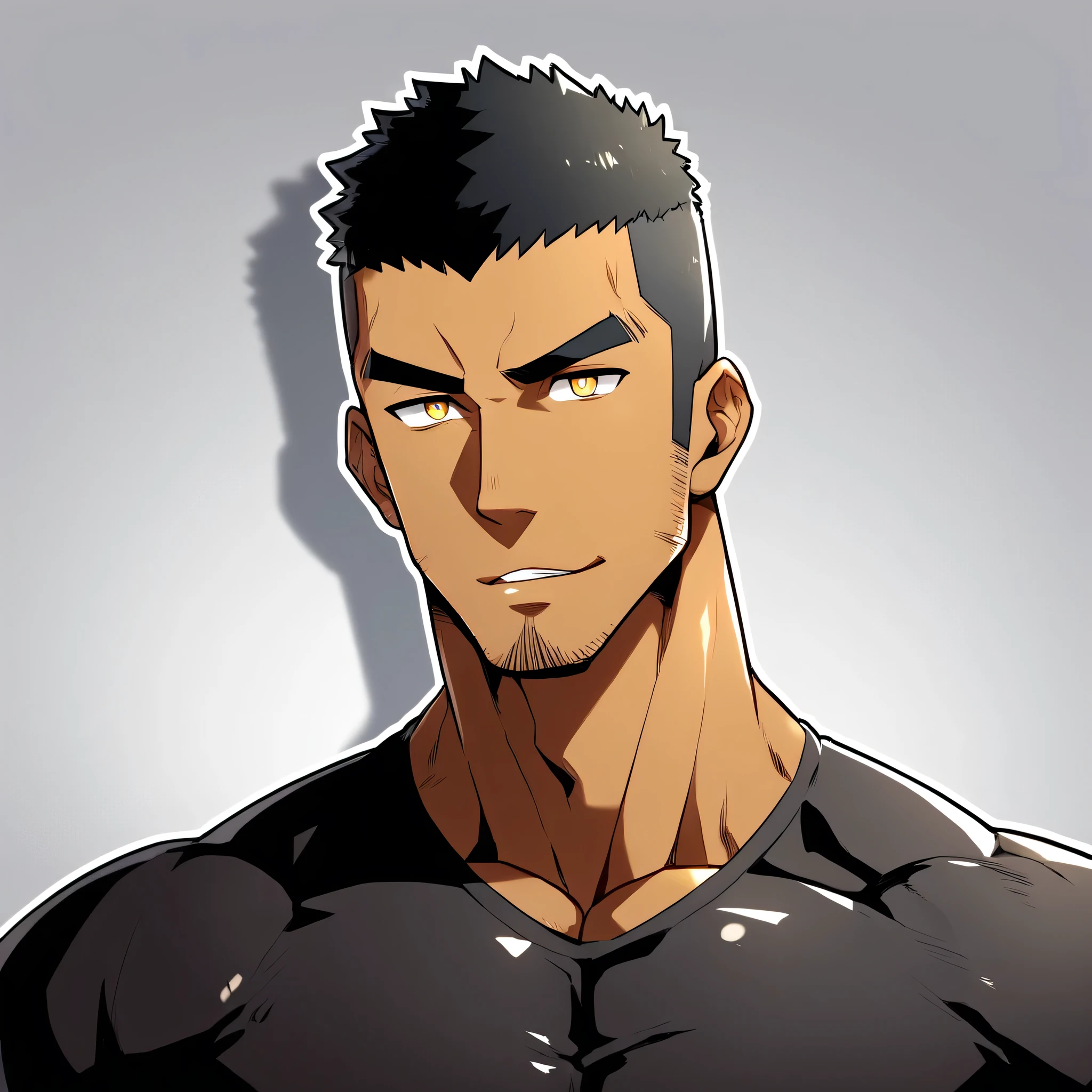 anime characters:Gyee, Muscle Sports Student, negro black skin, 1 dark skin muscular tough guy, Manliness, male focus, Light yellow high collar long sleeve tight T-shirt, Slightly transparent material, Very tight, Round, full and perky chest muscles, Slightly transparent, muscular male, muscular, only, Upper body, alone, Black short hair, Thick eyebrows, stubble, Yellow eyes, Grey background, simple background, amazing quality, best aesthetics, Ridiculous, bright pupils, crew cut, parted lips, seductive smile, torogao, naughty face, drop shadow, best quality