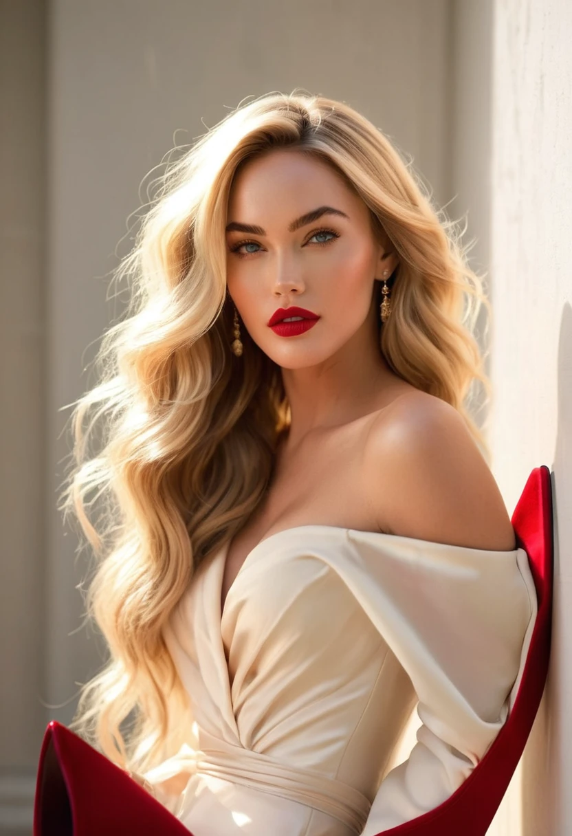 (lifelike, high quality: 1.3) , blond woman, ((gorgeous model with extra long wavy and voluminous bright ash blonde hair)), by Seb McKinnon, reddit, blonde goddess, beautiful blonde girl, gorgeous woman, dasha taran, beautiful blonde woman, sexy girl, anna nikonova aka newmilky, instagram model, a gorgeous blonde, stunning woman, irina nordsol kuzmina, gorgeous female, best quality masterpiece, photorealistic, hyperrealistic, detailed, 8k, HDR, (Soft color: 1.2), shallow depth of field, broad light, high contrast, backlighting, bloom, light sparkles, chromatic aberration, sharp focus, RAW color photo, (full sensual lips, long curly lashes, perfect slim body, pretty piercing blue eyes), detailed alluring eyes, very long sexy legs, ((detailed facial features)), (finely detailed skin), pale skin, realistic skin texture, extreme skin details, (pores:0.1), eyes like Megan Fox, small lips like Emma Watson, nose like scarlett johannsson, cheeks like blair lively, ((wearing a red shoulder-off long evening gown with red high heels)), (((full body shot in front of a plain white wall))), skinny