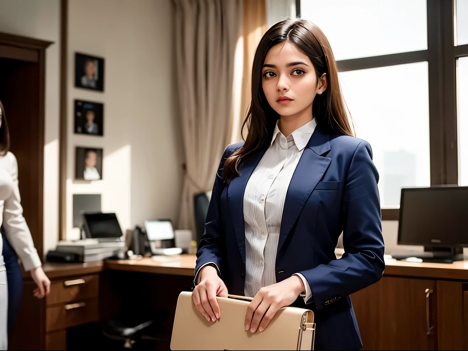 ((best quality)), ((masterpiece)), (detailed), A young Indian woman walking in an office setting with a worried expression on her face and a briefcase in her hand. The women is not looking at camera