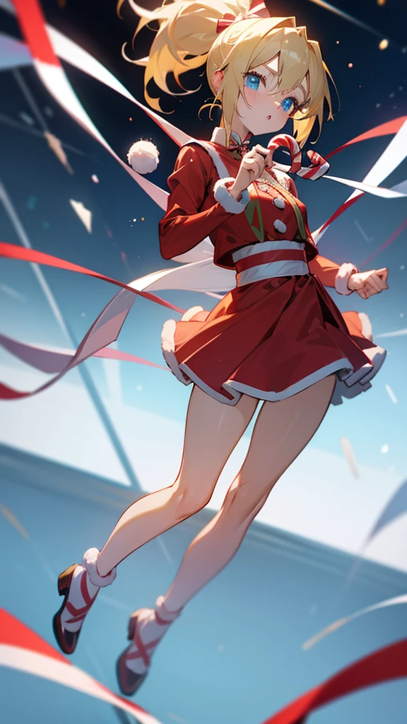anime girl with Blonde In two ponytail wearing a christmas outfit holding a candy cane with Candy in her hair her eyes is blue Full body and white screen
