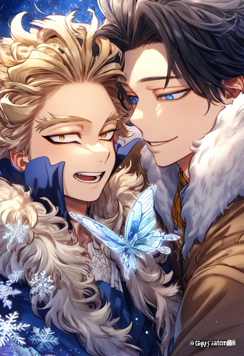 absurdres, highres, ultra detailed, HDR, master piece, best quality, extremely detailed face, delicated features, Hawks, ash blond hair, expressive brown golden eyes, Boku No Hero Academia, Gojou Satoru with black hair, expressive blue eyes, two y men, gay couple, yaoandsome, smile, blue jacket with fur, brown jacket with fur, fantasy, magical, ice, ice butterf, snowflakes, starry night, envy magical
