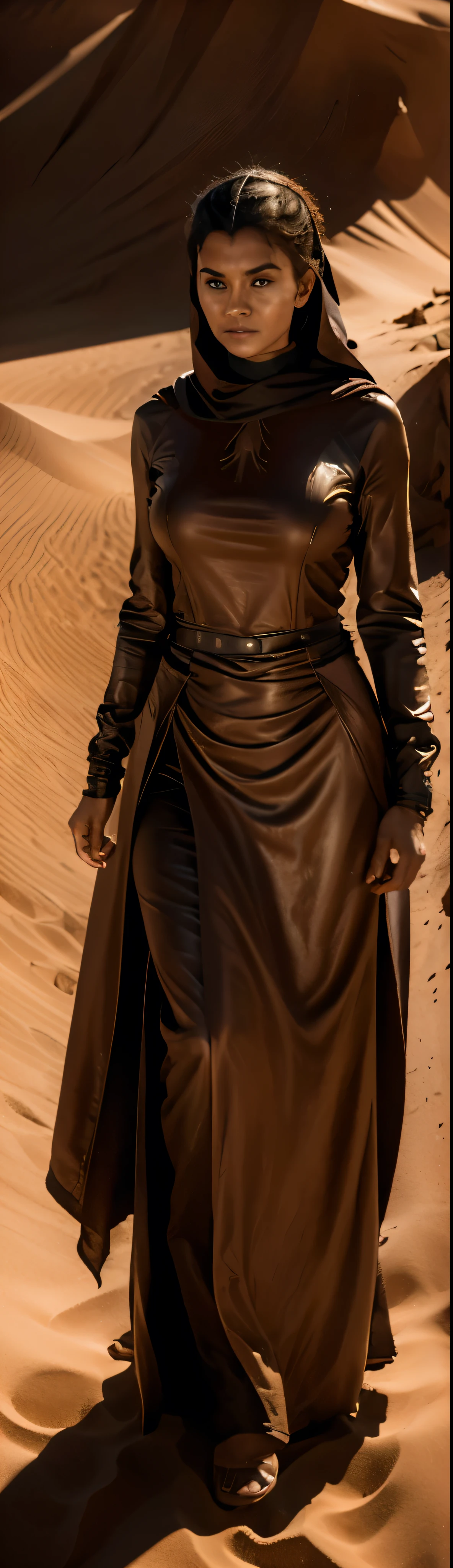 a young "Reverend Mother" in movie "Dune",high quality,photorealistic,8k,intricate details,dramatic lighting,cinematic composition,strong chiaroscuro,deep gaze,thoughtful expression,flowing robes,desert background,sci-fi atmosphere,futuristic elements