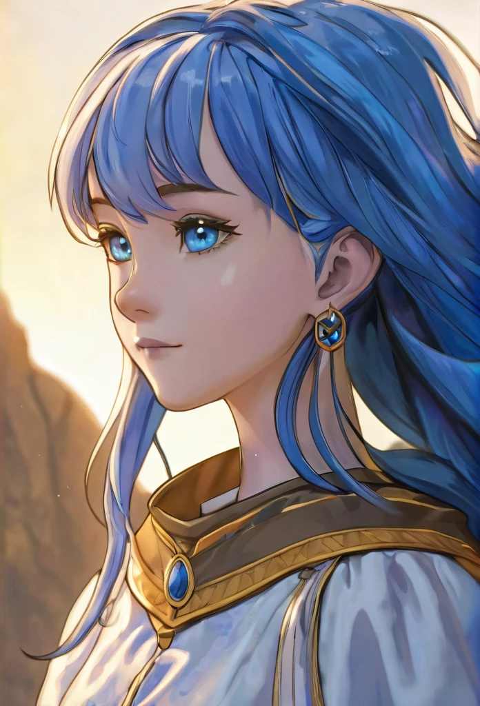 15 years old, female, human, blue hair, blue eyes, long hair, noble, adventurer