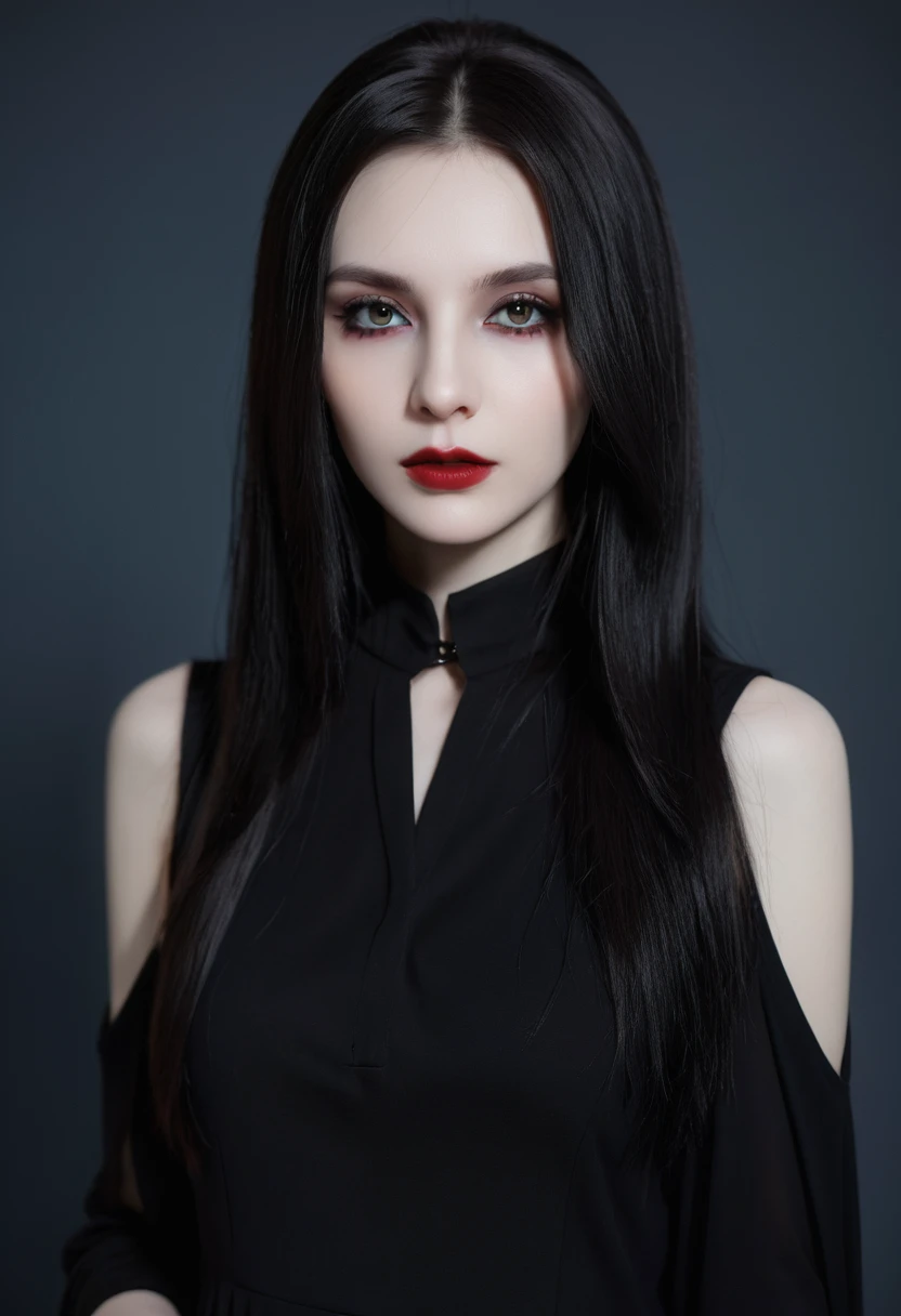 (high quality: 1.3), Lenses, masterpiece, (Clear focus: 1.5), (Reality: 1.3), Medium Portrait (A young beautiful vampire woman, Pale skin, Gothic, Still proud and fierce, Black Straight long Bob Hairstyle, Dark, Wearing a very fine dark tunic, Dark atmosphere, Instead, it uses sharp contrasts of light and dark to create shapes.), It&#39;s night, (Very delicate skin), (Delicate face),  Detailed background, Dim Lights, Dusk lighting, Volumetric Lighting, Intricate details, Ultra HD,