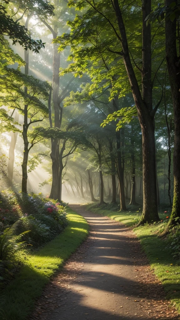 A serene path at dawn, surrounded by lush trees and colorful flowers, with sun rays crossing the leaves and illuminating the path. Add a soft touch of fog to create a calm, reflective atmosphere, evoking a feeling of gratitude and contemplation