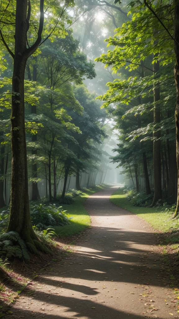 A serene path at dawn, surrounded by lush trees and colorful flowers, with sun rays crossing the leaves and illuminating the path. Add a soft touch of fog to create a calm, reflective atmosphere, evoking a feeling of gratitude and contemplation