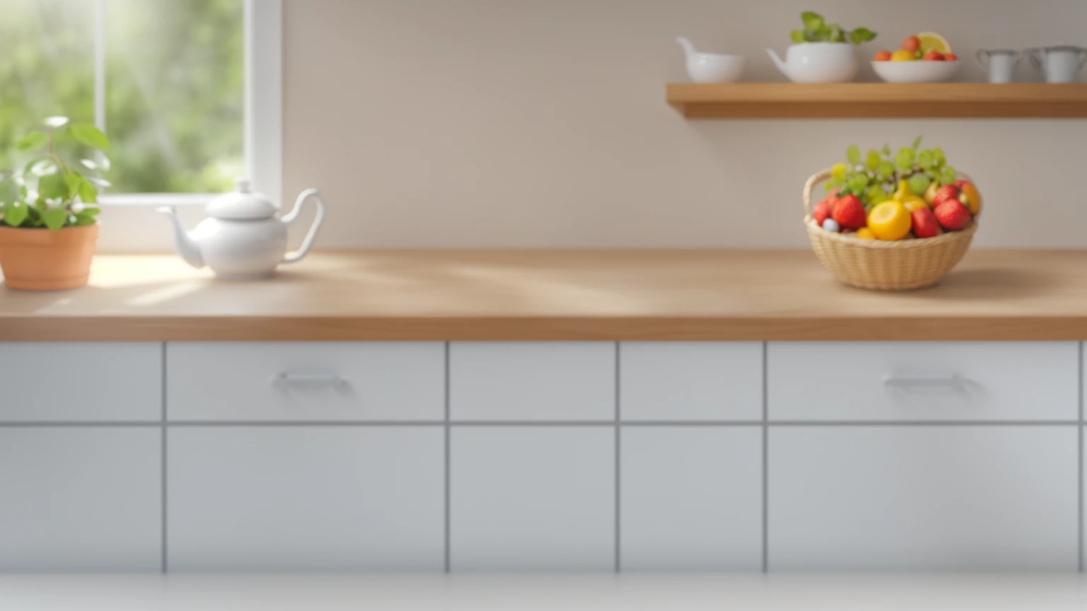 kitchen background, window, kitchen wall shelf, kitchen countertop, kettle, vase with plant, Fruit basket, Beautiful light from the window, Beautiful sunlight, bright lighting. Realistic style, realistic texture, detailed texture, high quality, A high resolution, ultra hd 4k,