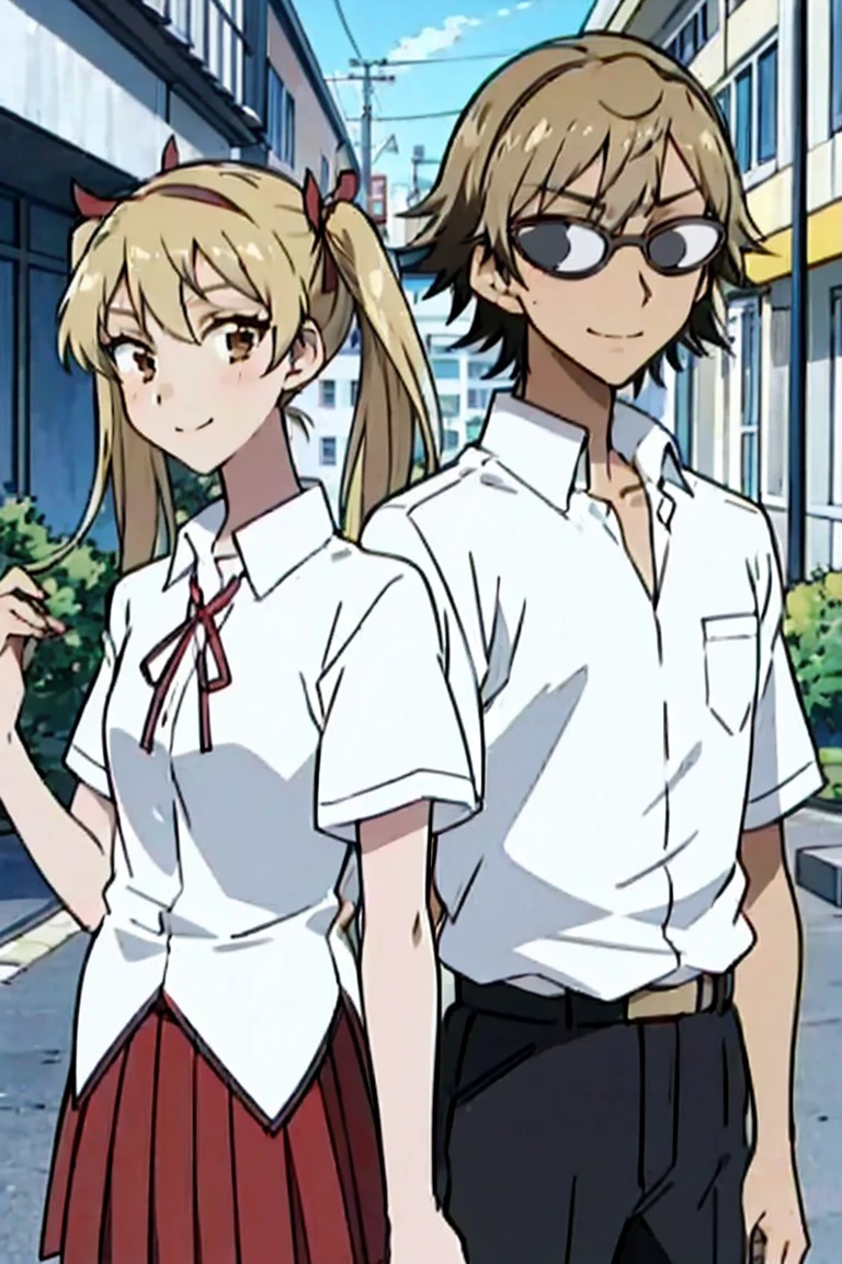 1 boy and 1 girl stand in the street,twintails,sawachika eri, brown eyes, hair ribbon,harimakenji, glasses, ,school uniform, red pleated skirt,eri,hairband, looking_at_viewer, serious, gakuran, white_shirt,smile,happy,two persons