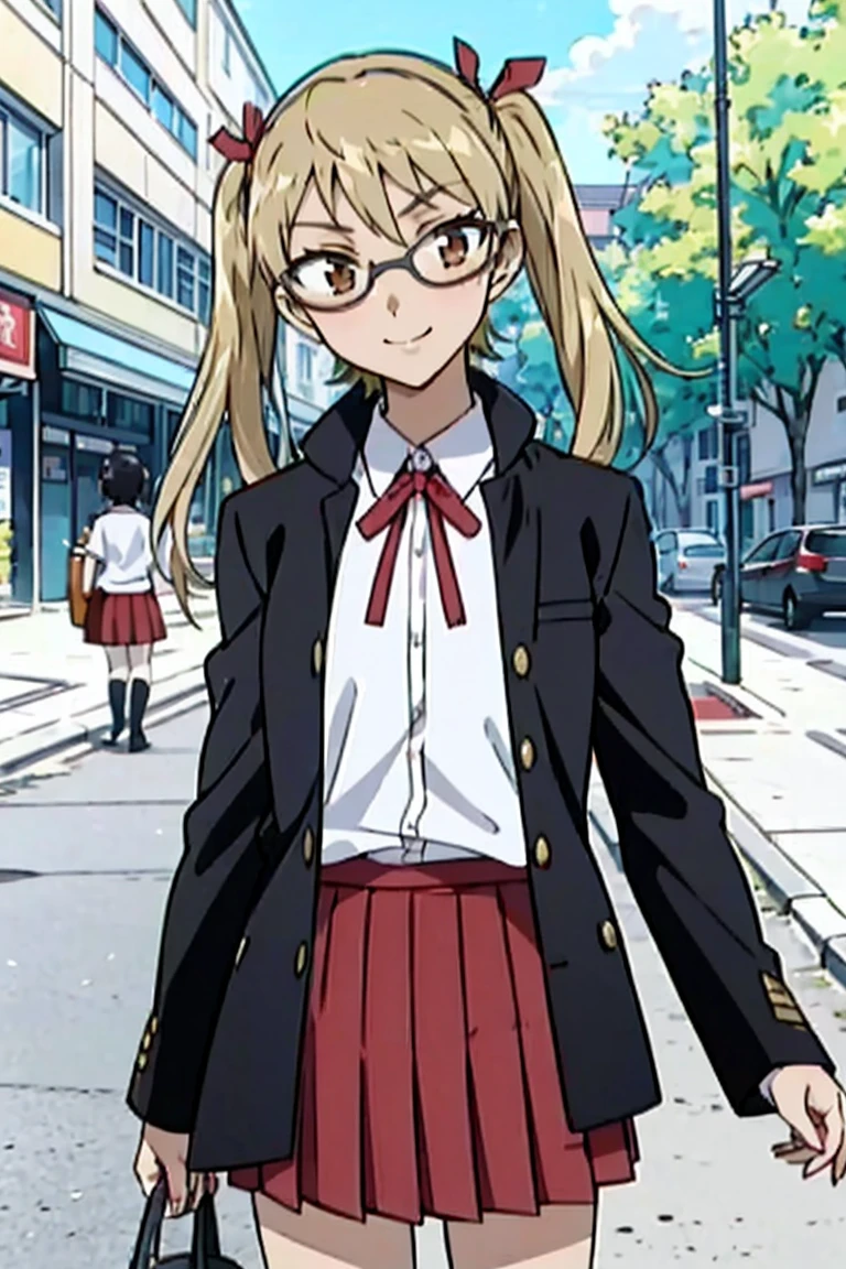 1 boy and 1 girl stand in the street,twintails,sawachika eri, brown eyes, hair ribbon,harimakenji, glasses, ,school uniform, red pleated skirt,eri,hairband, looking_at_viewer, serious, gakuran, white_shirt,smile,happy,two persons