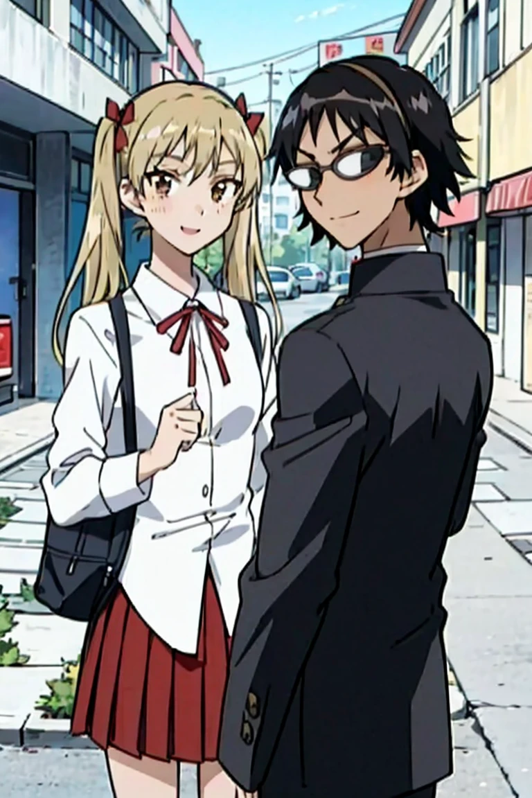 1 boy and 1 girl stand in the street,twintails,sawachika eri, brown eyes, hair ribbon,harimakenji, glasses, ,school uniform, red pleated skirt,eri,hairband, looking_at_viewer, serious, gakuran, white_shirt,smile,happy,two persons