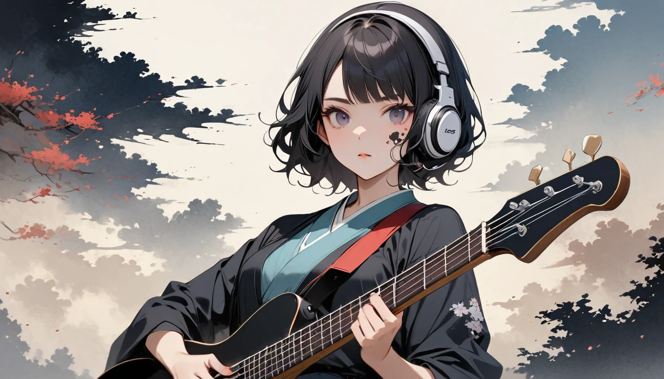 Highest quality, Katsushika Hokusai, Ink Painting, (((Playing the bass guitar))), (((Light colored sunglasses))), (((1 girl))), (((Tattoo on face))), Japanese style headphones, beautiful girl, Black Hair, Delicate and precise, Modern ukiyo-e style, Darkness