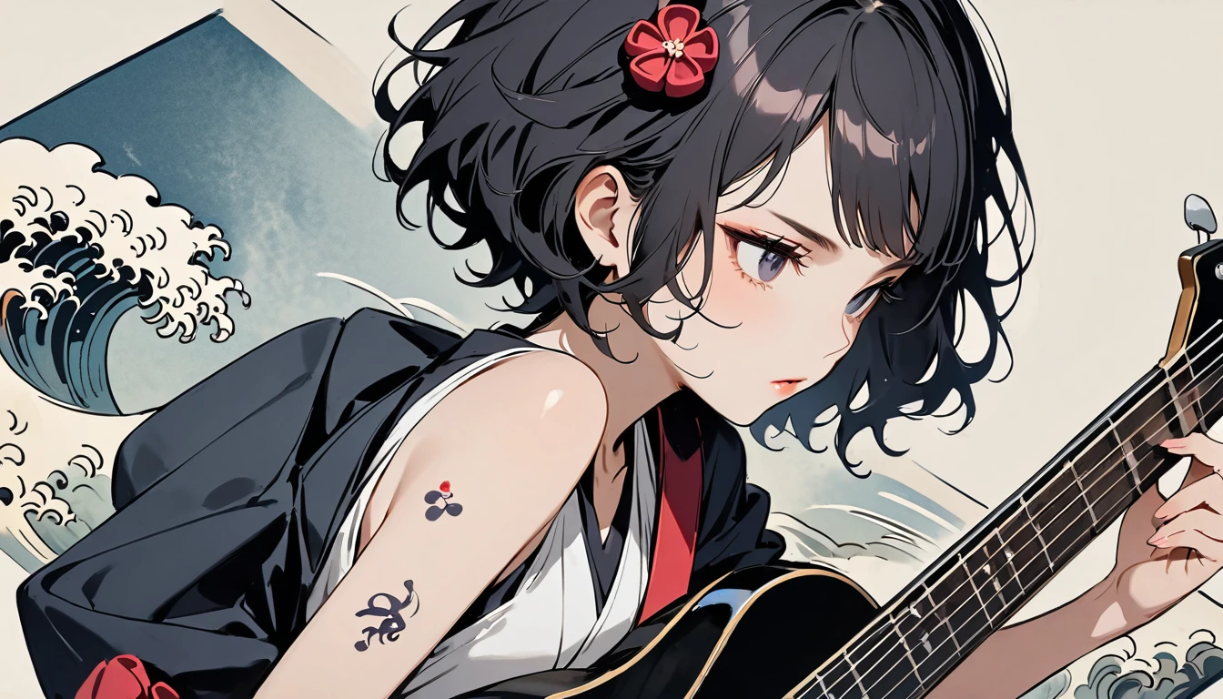Highest quality, Katsushika Hokusai, Ink Painting, (((Playing the bass guitar))), (((Light colored sunglasses))), (((1 girl))), (((Tattoo on face))), Japanese style headphones, beautiful girl, Black Hair, Delicate and precise, Modern ukiyo-e style, Darkness
