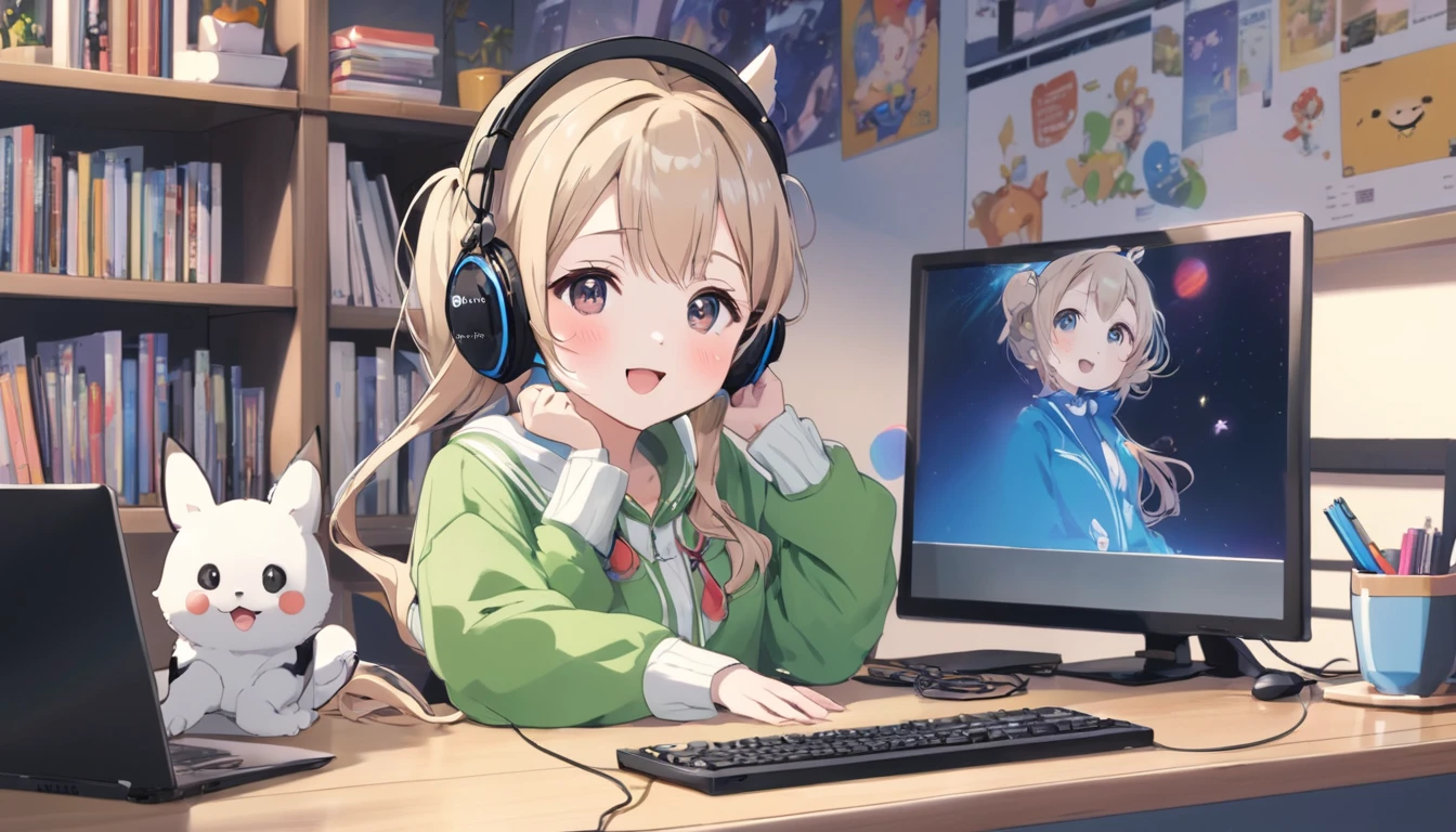 Cute girl wearing headphones、They seem to be having fun.、There is a computer and a mug on the desk、Idol、Japanese anime style