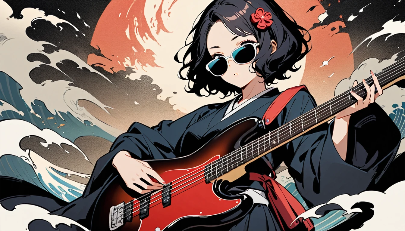 Highest quality, Katsushika Hokusai, Ink Painting, (((Playing the bass guitar))), (((Light colored sunglasses))), (((1 girl))), (((Tattoo on face))), Japanese style headphones, beautiful girl, Black Hair, Delicate and precise, Modern ukiyo-e style, Darkness