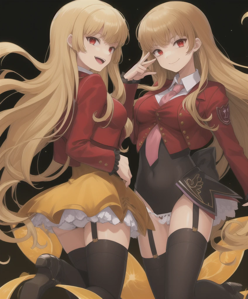 mammon \(umineko\), light brown hair, long hair, straight hair, red eyes, stakes of purgatory, 1girl, solo, red jacket, cropped jacket, white shirt, undershirt, collared shirt, frilled leotard, showgirl skirt, garter straps, black thighhighs, (((umineko no naku koro ni)))   sadistic smile,deep shaded face,,smile worst,worst ridecule,evil moukery,,,two hands,five fingers,black background,A face full of evil,Too evil ridicule