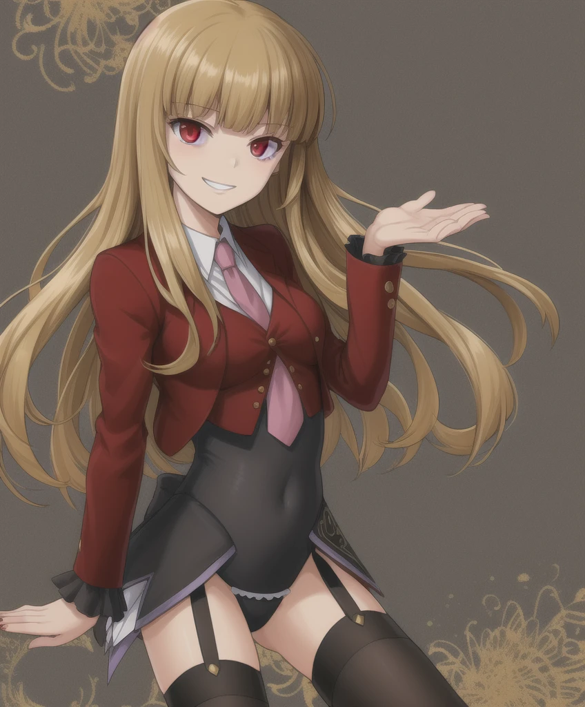 mammon \(umineko\), light brown hair, long hair, straight hair, red eyes, stakes of purgatory, 1girl, solo, red jacket, cropped jacket, white shirt, undershirt, collared shirt, frilled leotard, showgirl skirt, garter straps, black thighhighs, (((umineko no naku koro ni)))   sadistic smile,deep shaded face,,smile worst,worst ridecule,evil moukery,,,two hands,five fingers,black background,A face full of evil,Too evil ridicule