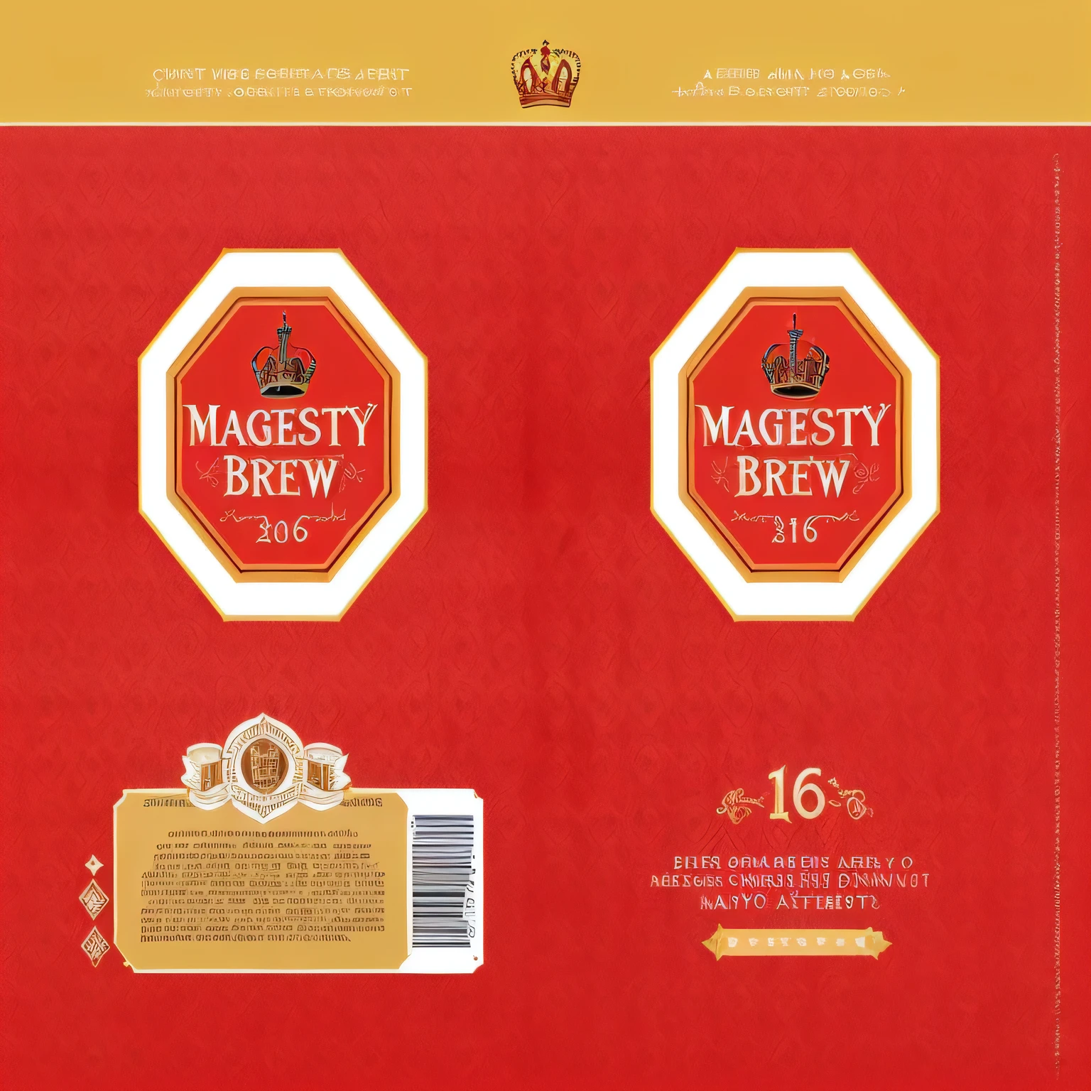 a close up of a label for a beer with a crown on it, majesty, majestic masterpiece, detailed image, front label, 1 6 x 1 6, majestic, in majestic, front side view full sheet, ƒ/5.6, majestic spires, malt, full res, magically dense, 2016, 2 0 1 6, majestic”