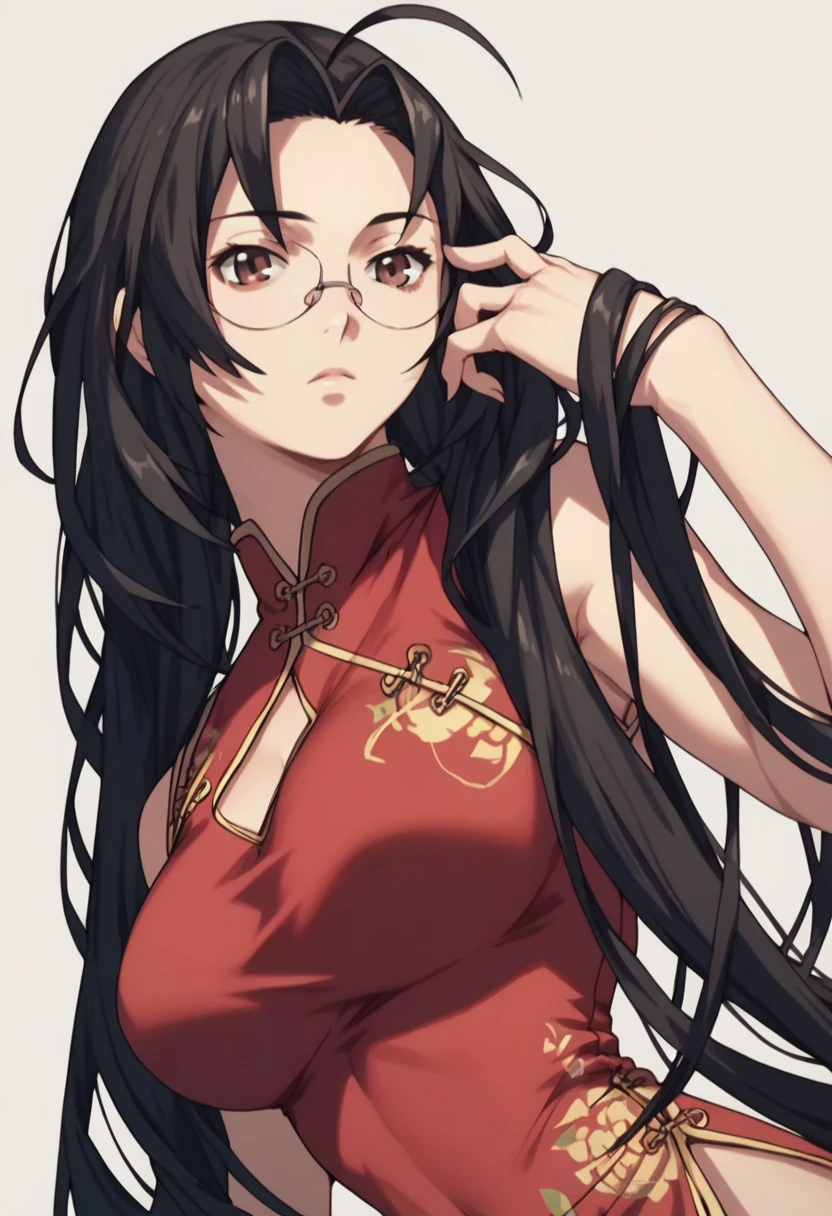 kaku bunwa, long hair, black hair, glasses, ahoge, brown eyes, breasts, large breasts, cheongsam