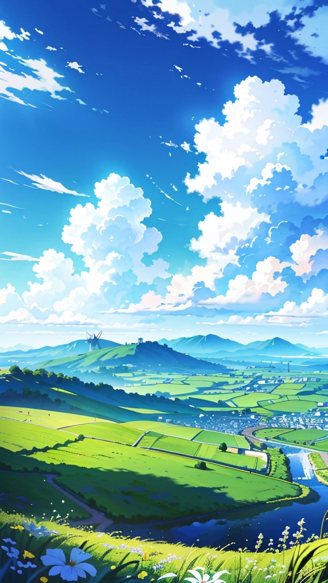 On top of the hill where the windmill spins、A peaceful landscape with blue skies and white clouds