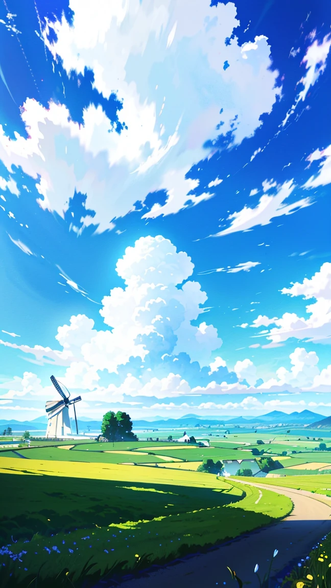 On top of the hill where the windmill spins、A peaceful landscape with blue skies and white clouds