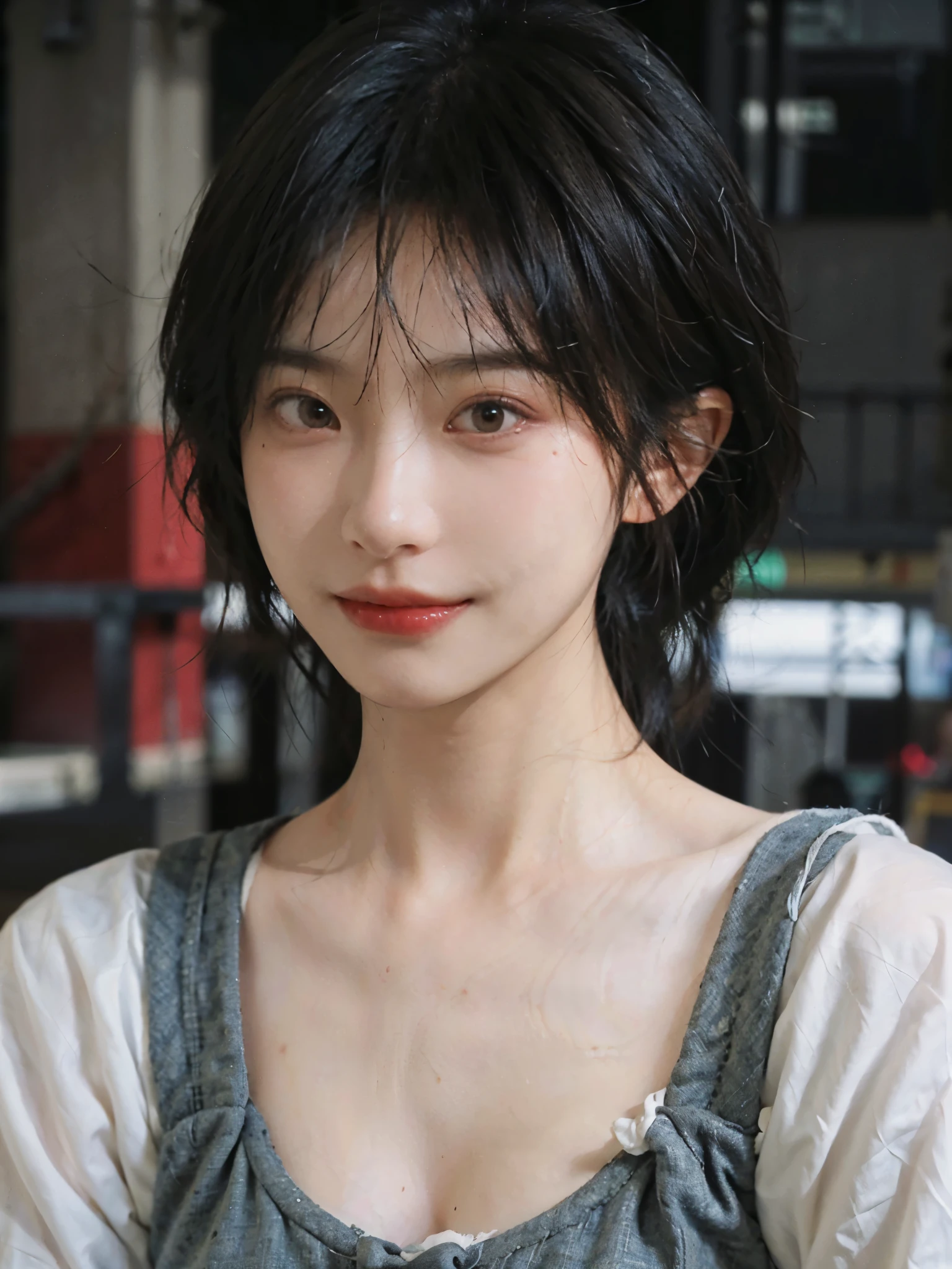 (Skin details:1.4), (smooth skin textures:1.3), (Upper body:1.4),(Upper Body:1.3)Lipstick, background, earrings, serene, calm, Suspenders,(Realistic and detailed eyes:1.2), Natural skin texture, Realistic facial details, Soft dramatic lighting, Vivid details, 35 mm film, outdoor, (Photo Practical:1.4), (hyper Practical:1.4), (Practical:1.3), (Smoother lighting:1.05), (Improve lighting quality:0.9), (Highest quality real skin textures:1.4), Exquisite eyes, Delicate face, Close-up of face, (Enhance the beauty of skin texture:1.1), Hair details,(Large Breasts:1.3)normal body ratio, short hair, Moles under the eyes, A faint smile,Portrait Photography, Depth of Field, Bokeh, Surrealism, Ray Tracing, (Portrait Photography:1.1), Surrealism, High Detail, Chiaroscuro, Ray Tracing, reflected light, Ultra HD, Ultra HD, masterpiece, Textured Skin, Super Detail, High Detail, high quality, best quality