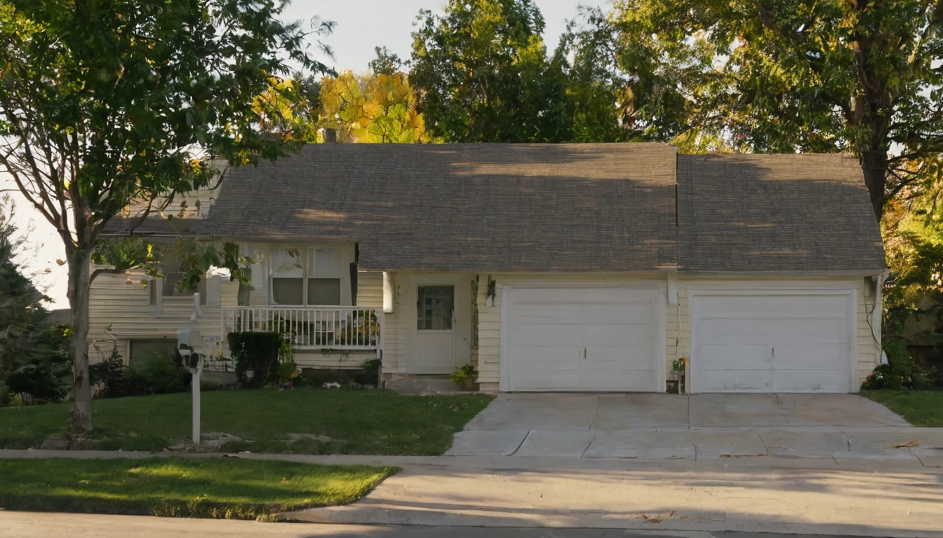 neighborhood, front of the house with garage, no vehicles, no people on the street, quiet day