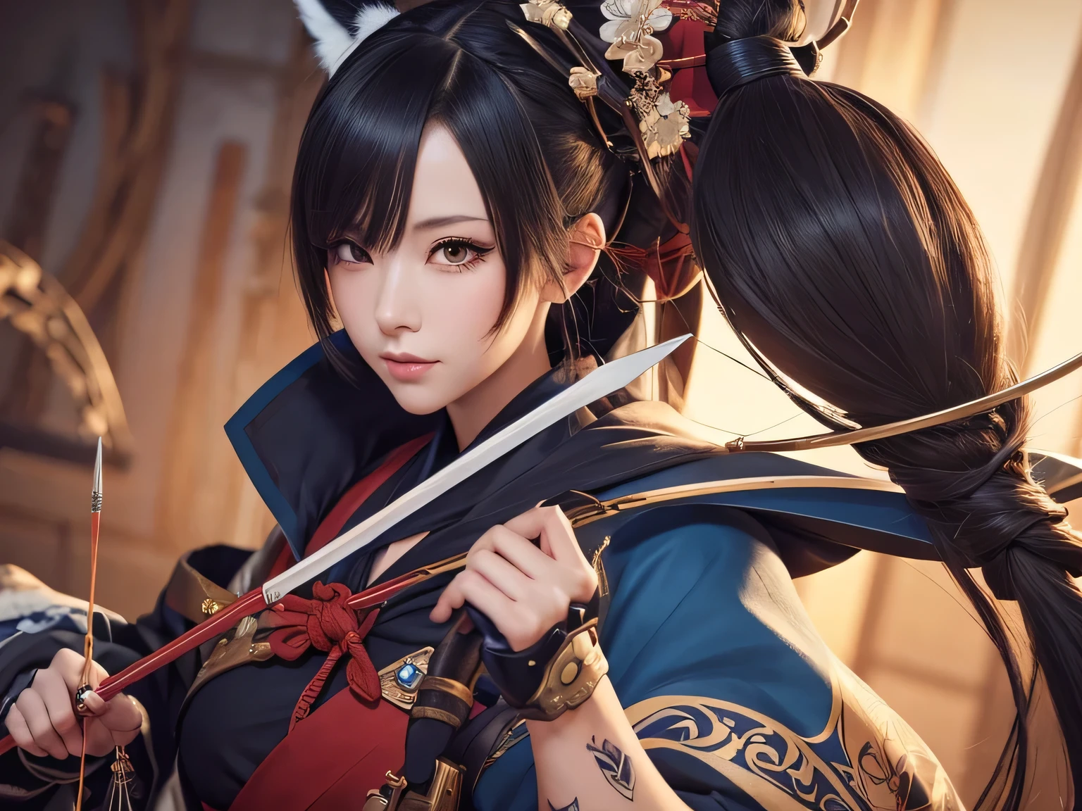 a woman with a bow in her hand, onmyoji detailed art, extremely detailed artgerm, onmyoji, onmyoji portrait, artgerm detailed, anime girl with a bow and arrow, artwork in the style of guweiz, fox nobushi holding a naginata, artgerm. high detail