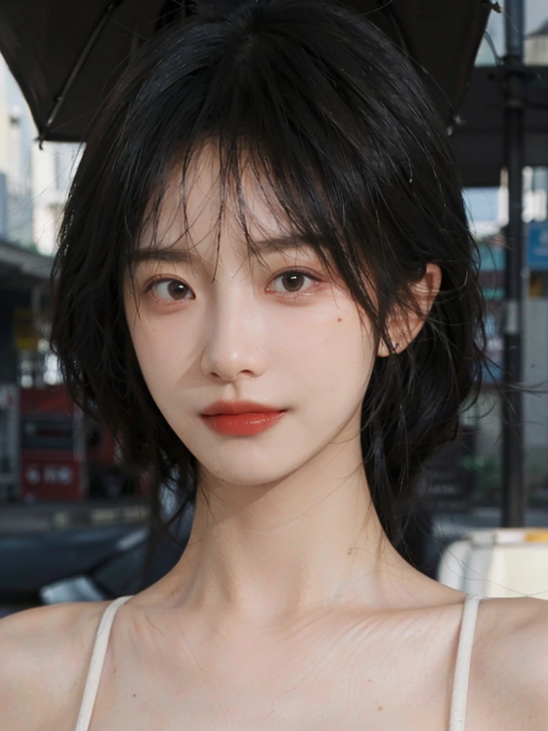 (Skin details:1.4), (smooth skin textures:1.3), (Upper body:1.4),(Upper Body:1.3)Lipstick, background, earrings, serene, calm, (Realistic and detailed eyes:1.2), Natural skin texture, Realistic facial details, Soft dramatic lighting, Vivid details, 35 mm film, outdoor, (Photo Practical:1.4), (hyper Practical:1.4), (Practical:1.3), (Smoother lighting:1.05), (Improve lighting quality:0.9), (Highest quality real skin textures:1.4), Exquisite eyes, Delicate face, Close-up of face, (Enhance the beauty of skin texture:1.1), Hair details,(Large Breasts:1.3)normal body ratio, short hair, Moles under the eyes, A faint smile,Portrait Photography, Depth of Field, Bokeh, Surrealism, Ray Tracing, (Portrait Photography:1.1), Surrealism, High Detail, Chiaroscuro, Ray Tracing, reflected light, Ultra HD, Ultra HD, masterpiece, Textured Skin, Super Detail, High Detail, high quality, best quality