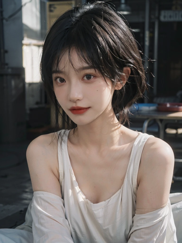 (Skin details:1.4), (smooth skin textures:1.3), (Upper body:1.4),(Upper Body:1.3)Lipstick, background, earrings, serene, calm, (Realistic and detailed eyes:1.2), Natural skin texture, Realistic facial details, Soft dramatic lighting, Vivid details, 35 mm film, outdoor, (Photo Practical:1.4), (hyper Practical:1.4), (Practical:1.3), (Smoother lighting:1.05), (Improve lighting quality:0.9), (Highest quality real skin textures:1.4), Exquisite eyes, Delicate face, Close-up of face, (Enhance the beauty of skin texture:1.1), Hair details,(Large Breasts:1.3)normal body ratio, short hair, Moles under the eyes, A faint smile,Portrait Photography, Depth of Field, Bokeh, Surrealism, Ray Tracing, (Portrait Photography:1.1), Surrealism, High Detail, Chiaroscuro, Ray Tracing, reflected light, Ultra HD, Ultra HD, masterpiece, Textured Skin, Super Detail, High Detail, high quality, best quality