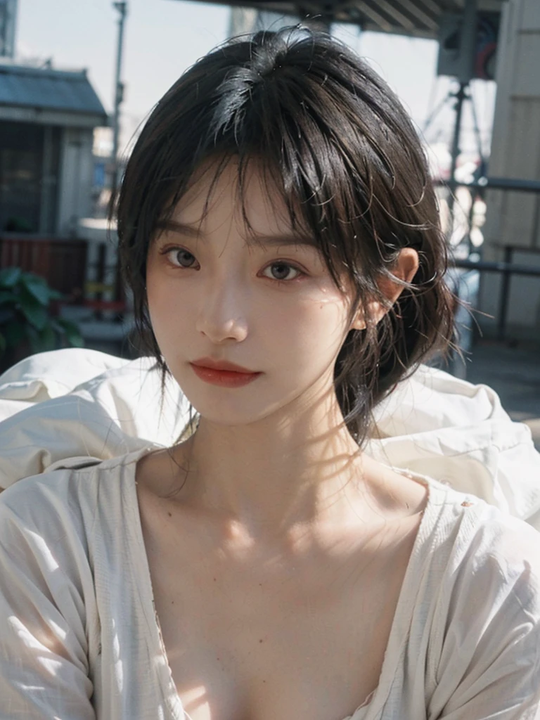 (Skin details:1.4), (smooth skin textures:1.3), (Upper body:1.4),(Upper Body:1.3)Lipstick, background, earrings, serene, calm, (Realistic and detailed eyes:1.2), Natural skin texture, Realistic facial details, Soft dramatic lighting, Vivid details, 35 mm film, outdoor, (Photo Practical:1.4), (hyper Practical:1.4), (Practical:1.3), (Smoother lighting:1.05), (Improve lighting quality:0.9), (Highest quality real skin textures:1.4), Exquisite eyes, Delicate face, Close-up of face, (Enhance the beauty of skin texture:1.1), Hair details,(Large Breasts:1.3)normal body ratio, short hair, Moles under the eyes, A faint smile,Portrait Photography, Depth of Field, Bokeh, Surrealism, Ray Tracing, (Portrait Photography:1.1), Surrealism, High Detail, Chiaroscuro, Ray Tracing, reflected light, Ultra HD, Ultra HD, masterpiece, Textured Skin, Super Detail, High Detail, high quality, best quality
