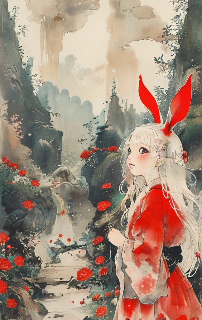 On a bright red campus"YES"Character、beautiful illustration, best quality, cute girl, bedroom, pastel color, fluffy bunny ears, , silver long hair, alert! Dive into the messy and joyful theme of "Playing in Mud" (Playing in the mud). Capture the pure delight and uninhibited fun of people or animals splashing, building, and getting covered in mud.