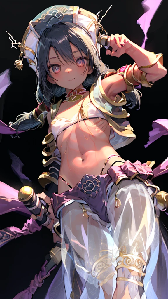 1girl, Angle from the front, The girl bends forward to show off her breasts、(Blade), (Tanned shiny black skin:1.6)、Glowing Eyes, ((grinning with a devilish smile)), ( girl), blondes、Twin tails、forehead、Small breasts, hat, ((((arabian clothes, see-through)), (microphone headband), (Areola Slip), small breasts, (shorts), (jewelry)))、desert, ((sahara))、(((footjob))), 1boy, 1penis, under hair, ((eject cum)), (sexy pose), ((kicking)), One leg raised、