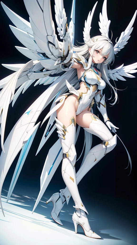 White long hair mecha girl,White armor,wing,Take advantage of it,briefs,Thin legs,high heels,cyberpunk,
