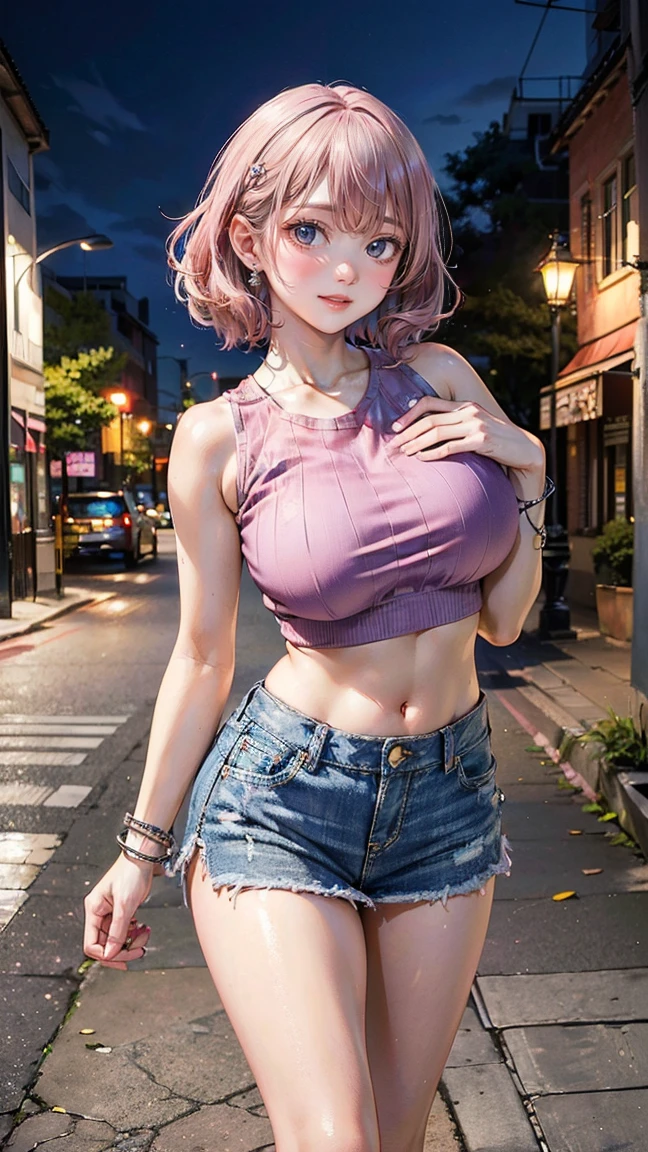 (Masterpiece, BestQuality:1.3), (ultra detailed:1.2), (hyperrealistic:1.3), (RAW photo:1.2), High detail RAW color photo, professional photograph, (Photorealistic:1.4), (realistic:1.4), (Pink Hair:1.5), professional lighting, perfect anatomy, (Big Breasts:1.2), (blush, detailed face), (A happy smile:1.7), sexly, erotic sexly, Random sexy gravure poses, (Beautiful woman wearing a purple crop top and denim skirt、A dazzling smile in the city、Silver Anklet、Leaning against a street lamp。:1.3)