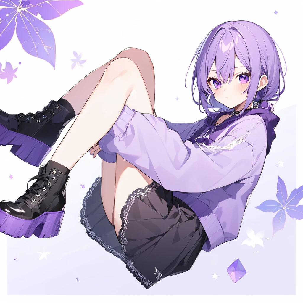 Keito。Purple eyes。Purple Hair。Purple Skirt。Black shoes下。Black shoes。Purple hoodie