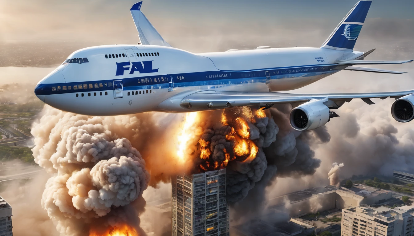 (best quality,4k,8k,highres,masterpiece:1.2),ultra-detailed,(realistic,photorealistic,photo-realistic:1.37),commercial airliner,Boeing 747,El Al livery,heading towards apartment building,one engine on fire,dramatic lighting,cinematic angle,realistic smoke plumes,dramatic tension,dynamic composition