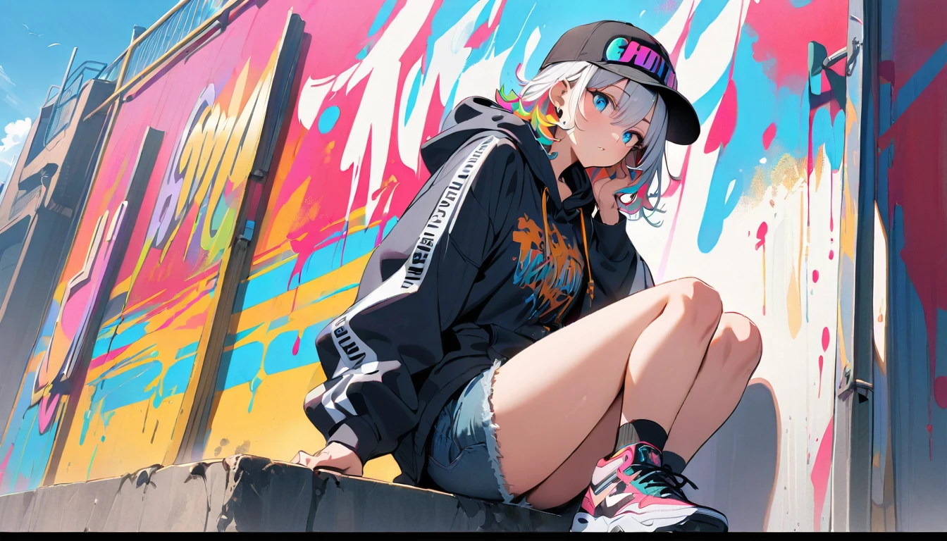 HD 8k Handsome y cute, Solitary, 1 female, Medium Length Hair, white hair, Rainbow hair, blue Eyes, Rainbow headphone, hoodie, colored hoodie, black Trucker Hat, hip-hop style big hooded jacket denim shorts, sneakers, Human focus, outdoor, blue sky, White clouds, graffiti Popularity spray art wall,