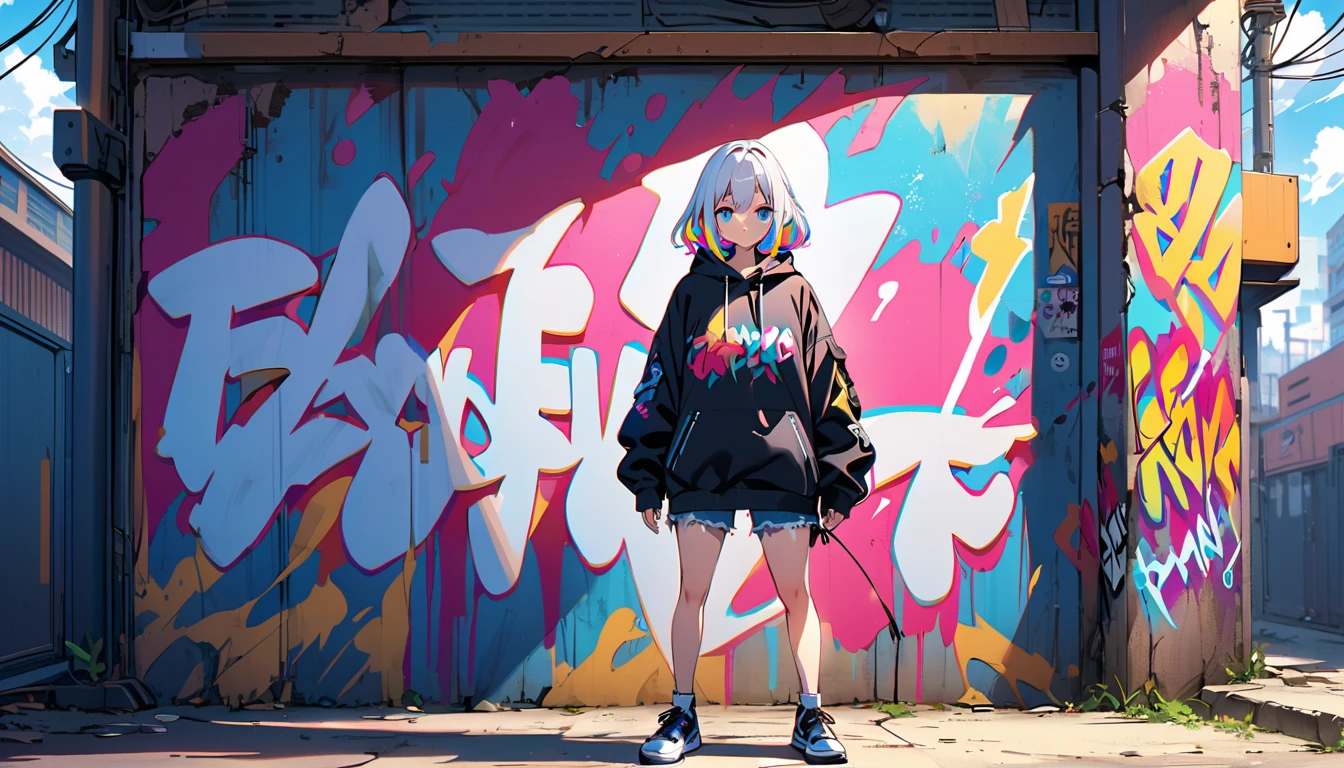 HD 8k Handsome sexy cute, Solitary, 1 female, Medium Length Hair, white hair, Rainbow hair, blue Eyes, Rainbow headphone, hoodie, colored hoodie, black Trucker Hat, hip-hop style big hooded jacket denim shorts, sneakers, Human focus, outdoor, blue sky, White clouds, graffiti Popularity spray art wall,