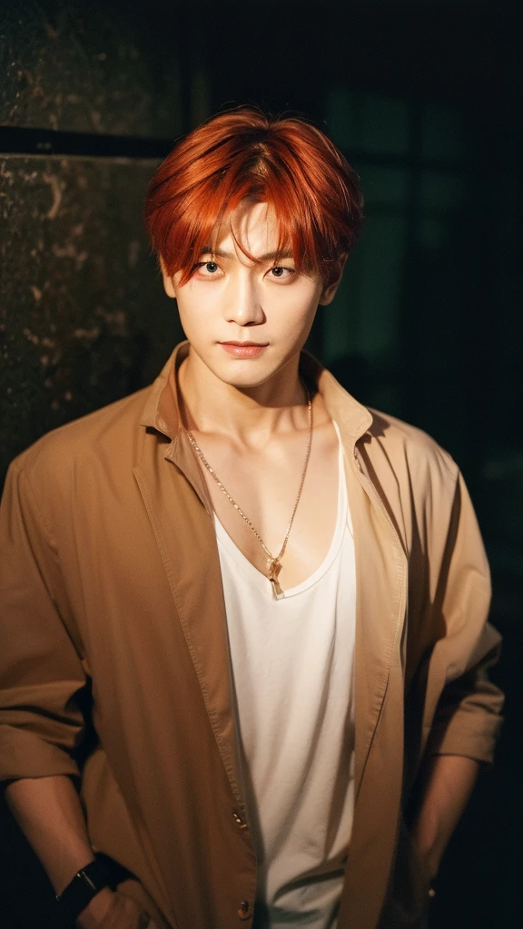 (Highly realistic photos, concentrated、High resolution, Detailed face, Detailed Hair,fine grain), ((Shooting in front of a wall))、Japanese men, 20-year-old, (Two boys),There are two people in the photo、Natural look、Upper body portrait, good looking,View the viewer,manly,short hair,Dyed red hair and blonde,masterpiece,Create a soft face,Not a smile, but still friendly, sunghoon, (Sung Hoon), enhypen, stage makeup, fair skin, broad shoulders, (redhead, :1.2), (bionde, :1.2) (neckless), highlights the vibrancy of Tokyo nightlife, vibrant lighting against a dark background, natural pose, standing close together without arms around each other's shoulders, this intense neon lighting creates a dynamic, colorful shadow on his face --ar 3:4 --style raw --stylized 250