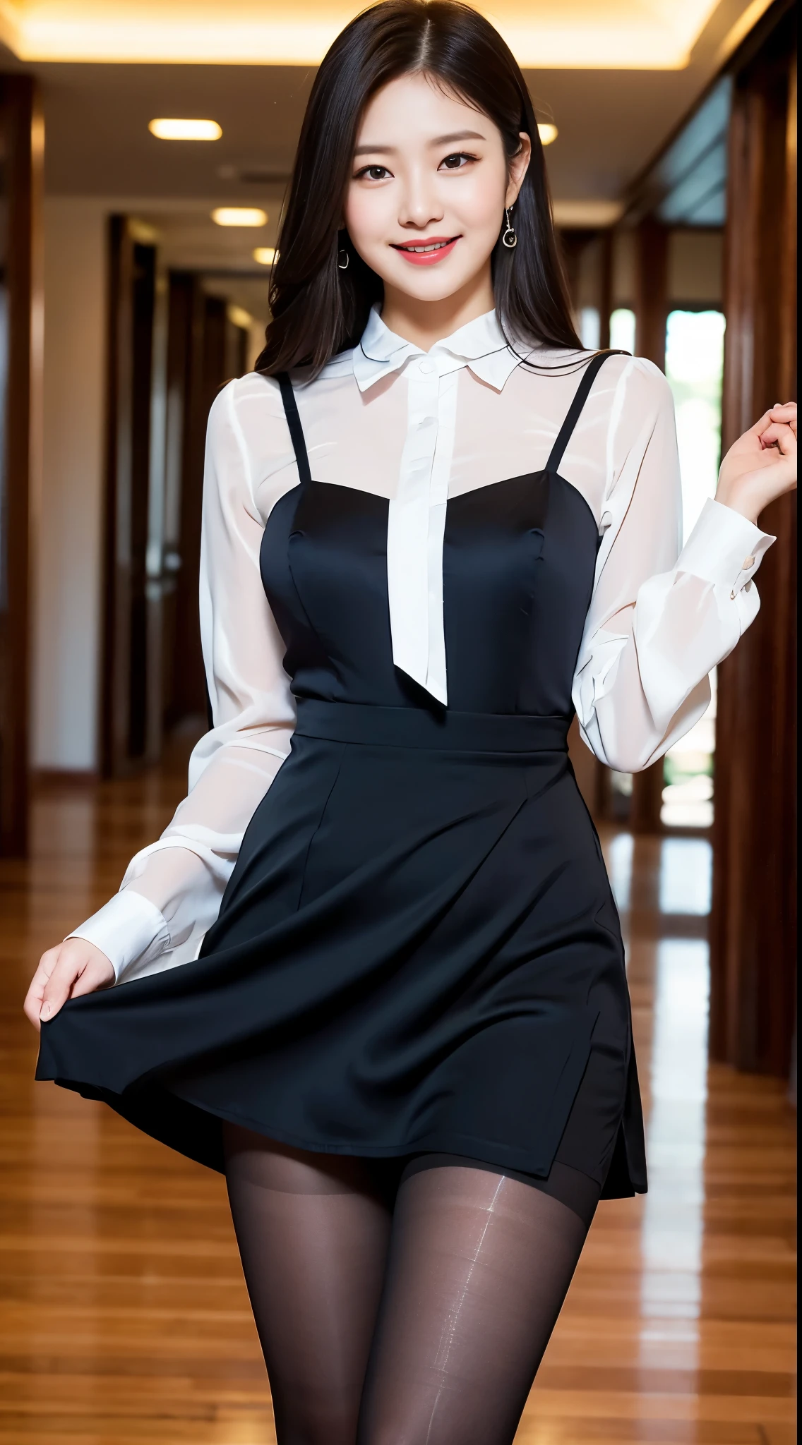 ulzzang-6500-v1.1,(RAW Photos:1.2), (Photorealistic), (Highest quality, masterpiece),  Face :9,2568750808], Realistic College Girl、Chubby body type、height　155cm、(Wearing a long skirt formal dress)、(Ultra-realistic pantyhose:1.3)、Walk down the hall to your room、grinning、Maternal、A kind smile、Vivid details, Super Detail, Realistic skin texture, Detailed aspect, Beautiful details in the eyes,  Makeup, (Background blur:1.2), Glowing Skin、turn around、Bare thighs!!!,