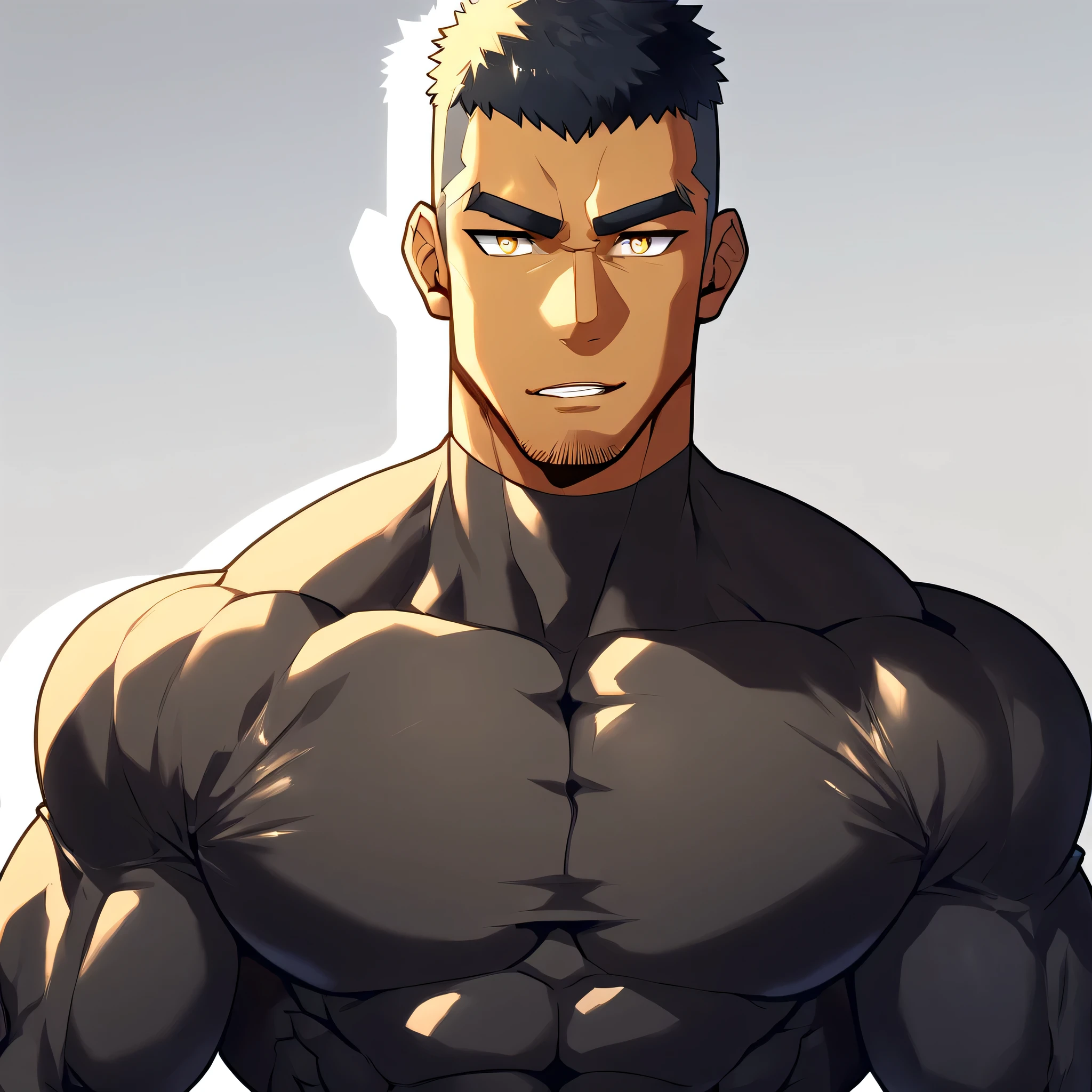 anime characters:Gyee, Muscle Sports Student, negro black skin, 1 dark skin muscular tough guy, Manliness, male focus, Light yellow high collar long sleeve tight T-shirt, Slightly transparent material, Very tight, Round, full and perky chest muscles, Slightly transparent, muscular male, muscular, only, Upper body, alone, Black short hair, Thick eyebrows, stubble, Yellow eyes, Grey background, simple background, amazing quality, best aesthetics, Ridiculous, bright pupils, crew cut, parted lips, seductive smile, torogao, naughty face, drop shadow, best quality